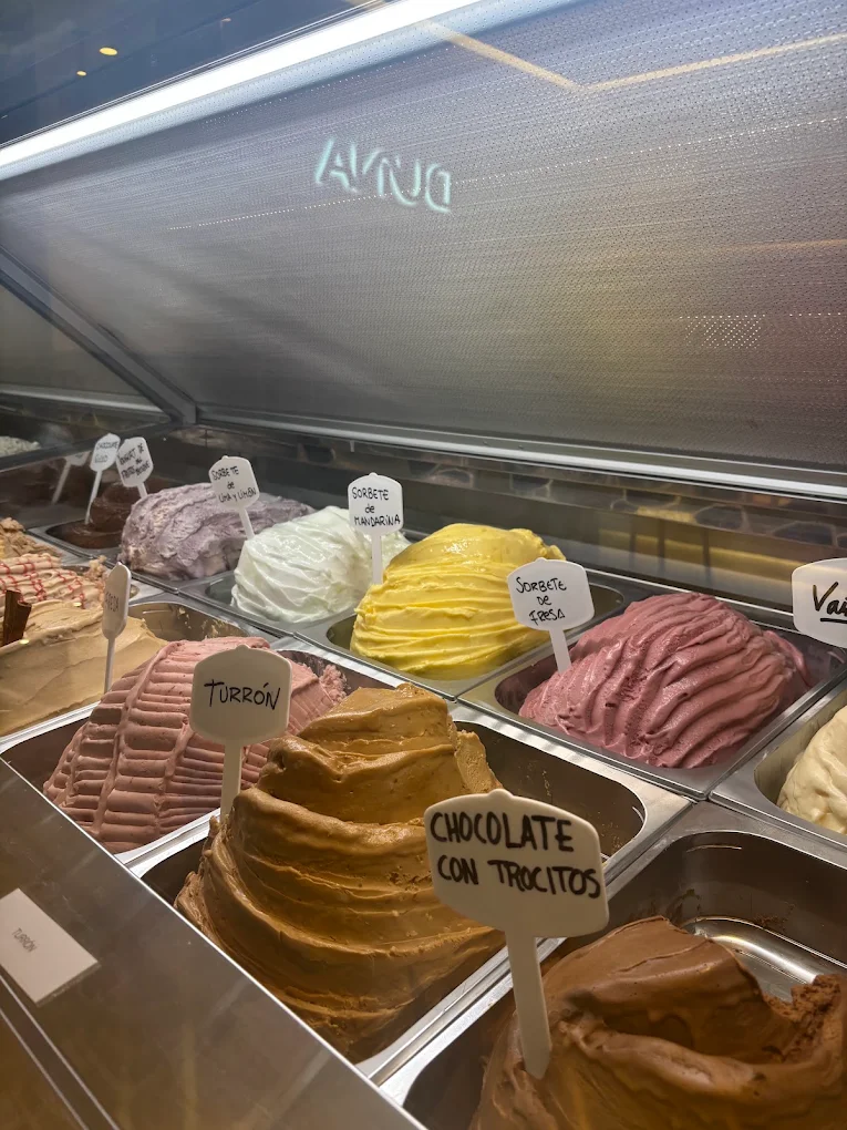 Detalle de sabores de helado en la vitrina de Duna